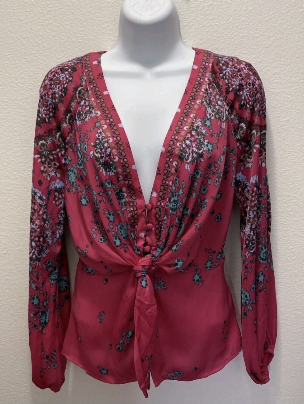 Free People NWOT Rose-Pink Floral Tie-Front Blouse Small